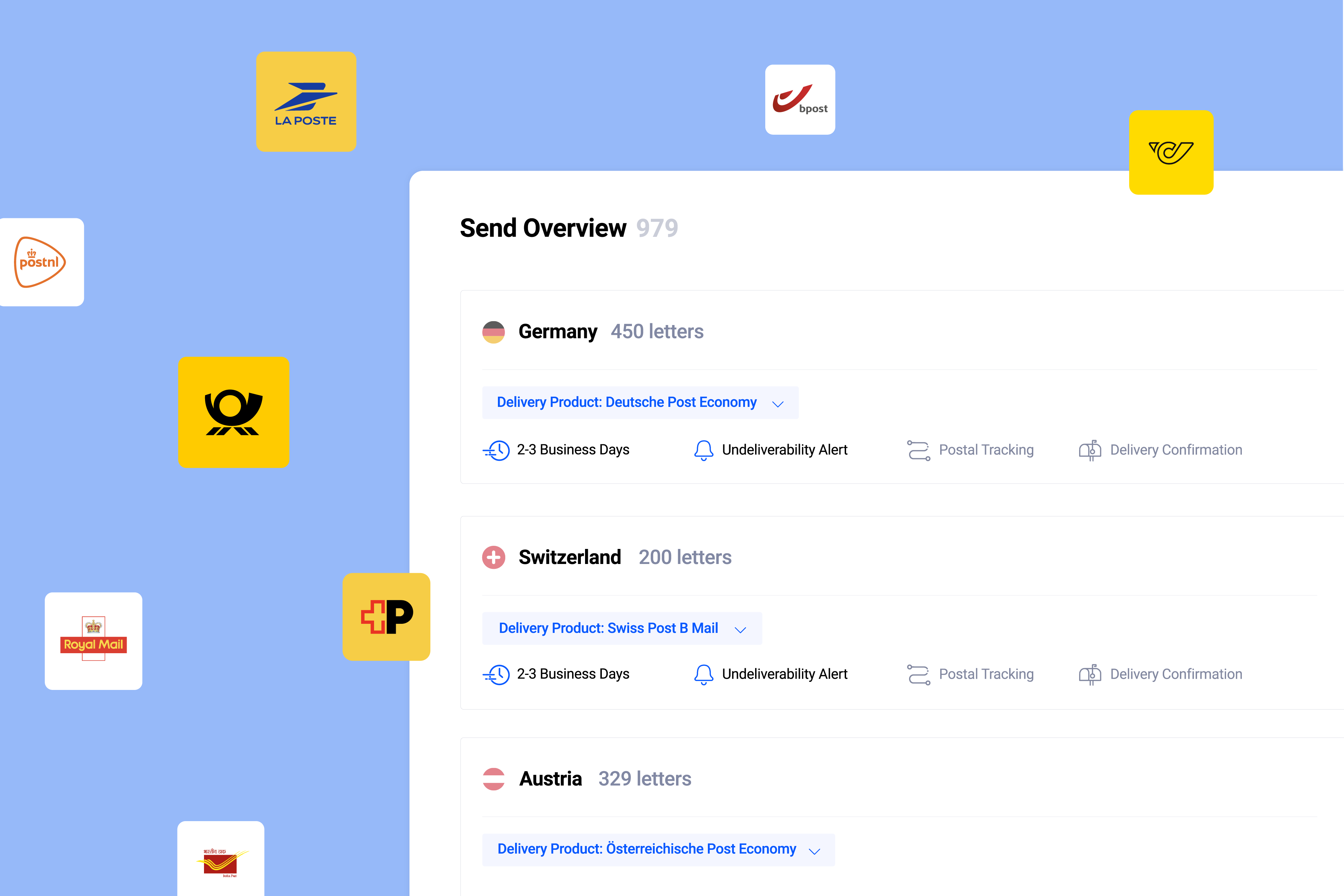 Pingen send overview with floating post logos