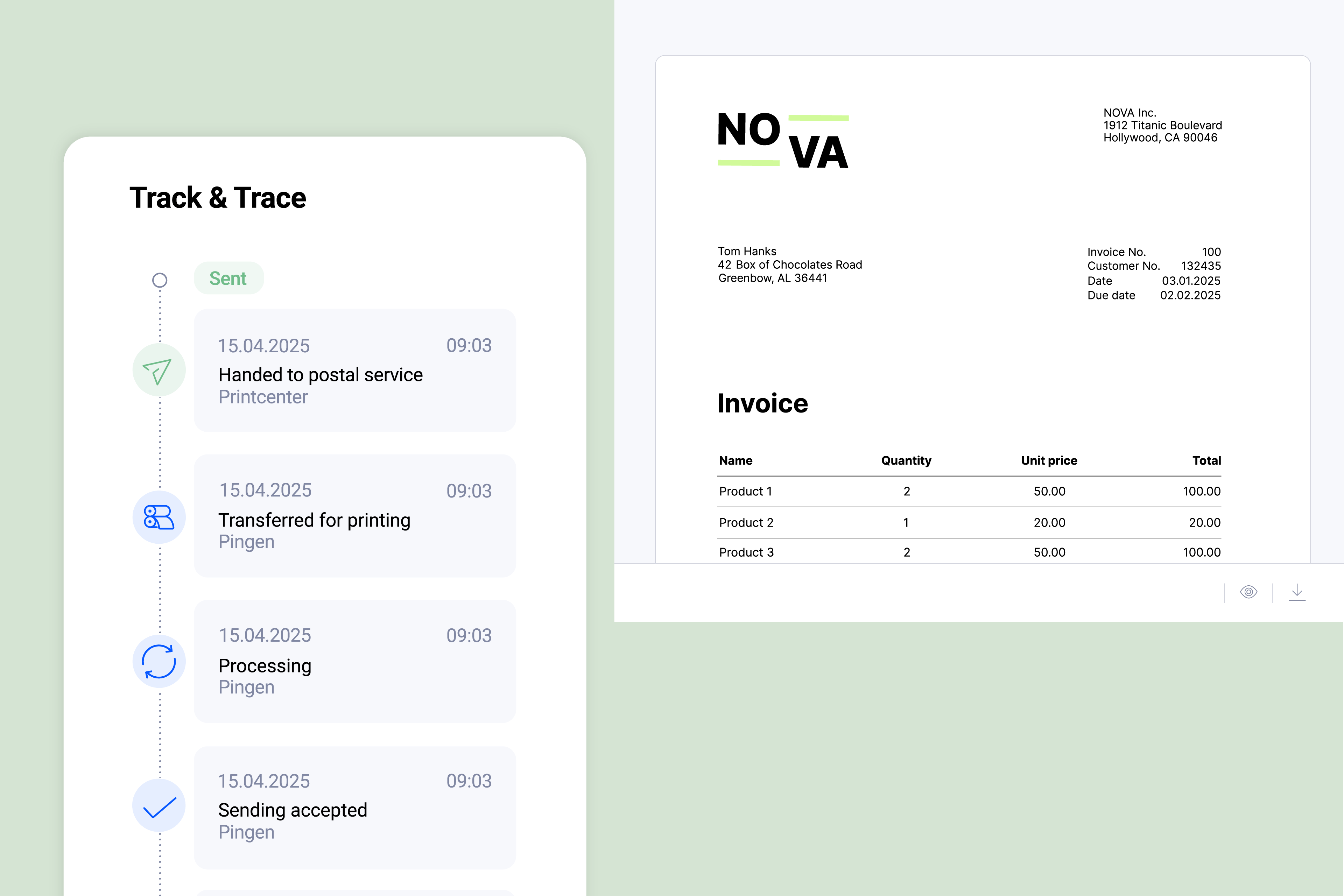 Interface of Pingen displaying real-time letter tracking information for outgoing mail