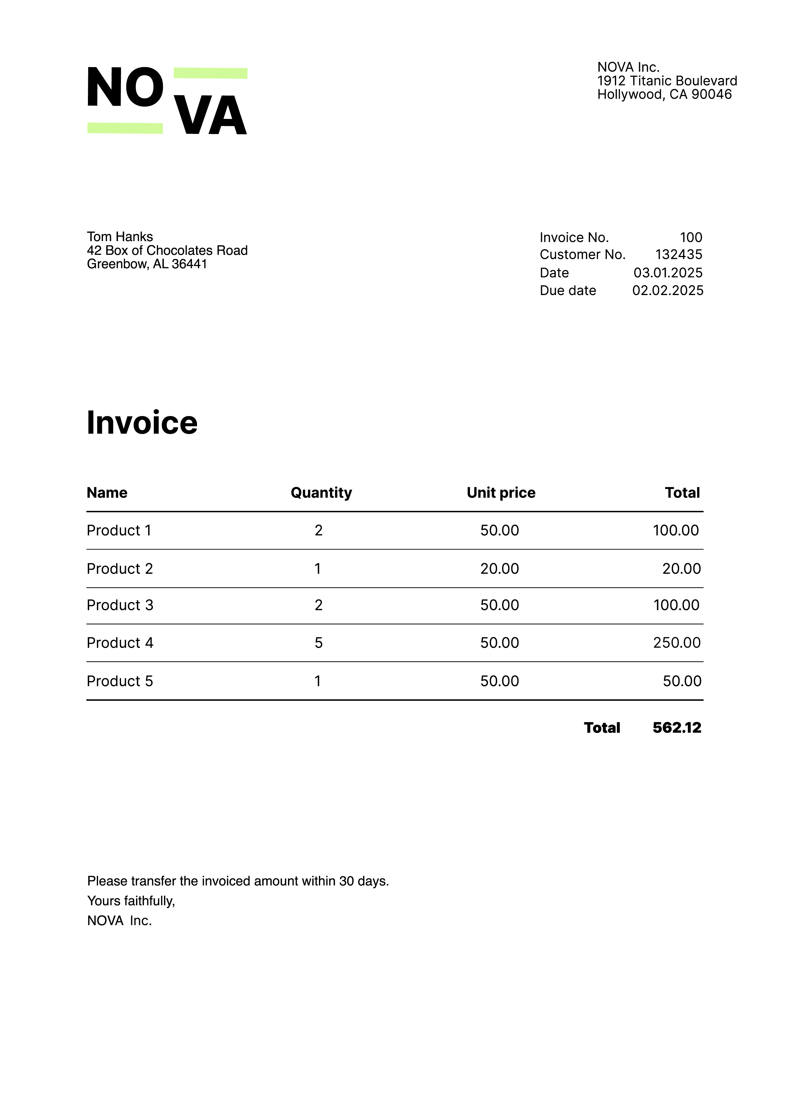 Use case invoice mailing - Invoice example