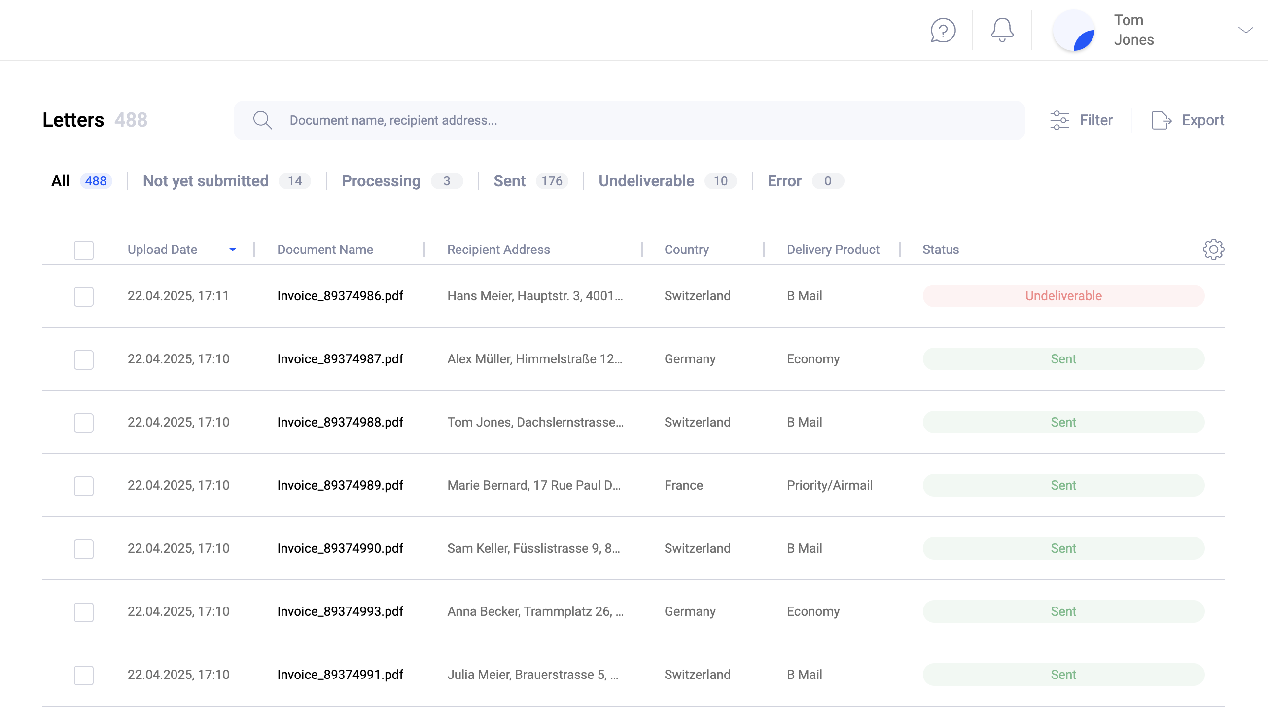 Pingen WebApp letter detail overview